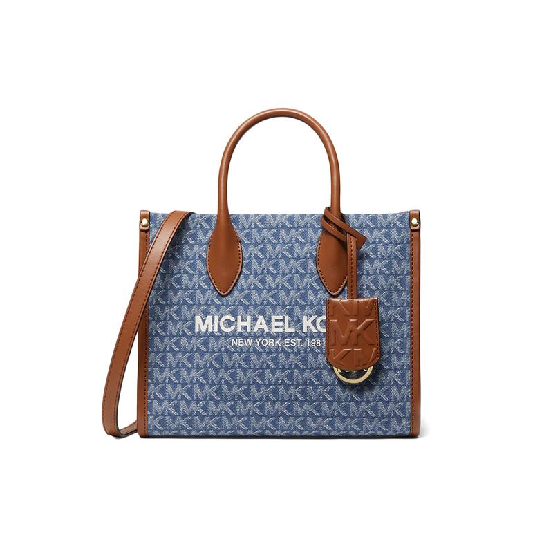 MICHAEL KORS handbag Mirella vintage denim old flower all over printed top zipper closure cotton tote bag tote bag shopping bag shoulder small синий