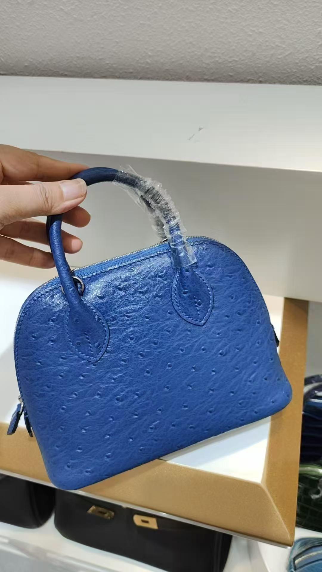 

Head Layer Cowhide Ostrich Patterned Bolide Shell Bag 18 Bowling Mini Wax Thread Leather Handbag Women 18x14x8cm яскраво-синій колір