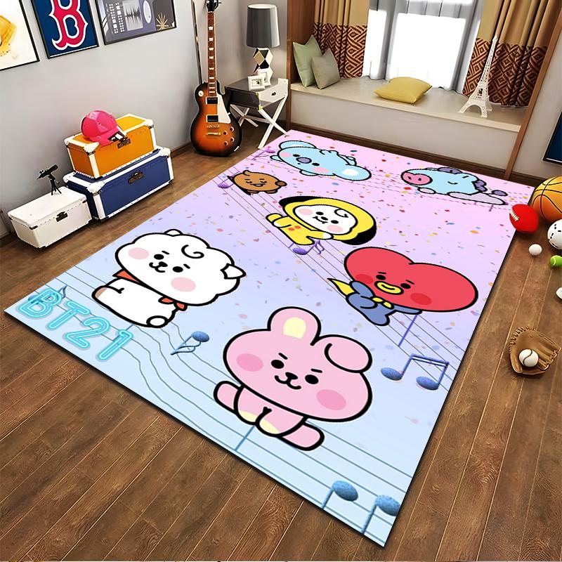 BT21 Cartoon Characters Carpet with Cute Animals On Colorful Design Suitable for Use As an Anti-slip for Living Room Bedroom Sofas