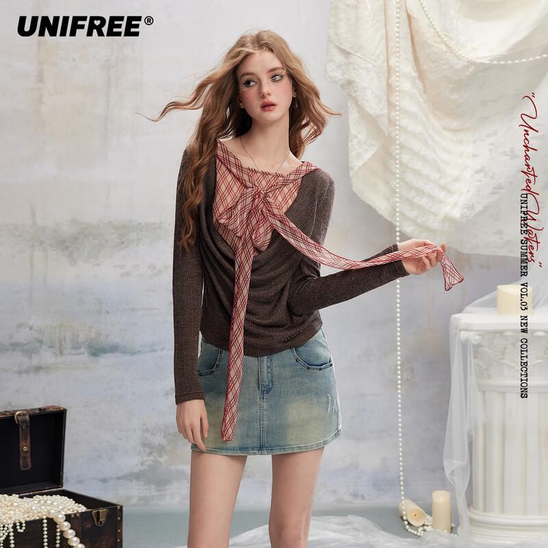 UNIFREE Korean Style Plaid Draped Neck Fake Two-Piece T-Shirt One Size