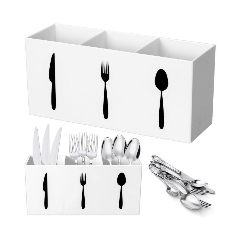 Acrylic Desktop Organizer 3 Compartments Pen Holder Silverware Knife, Fork and Spoon Cutlery