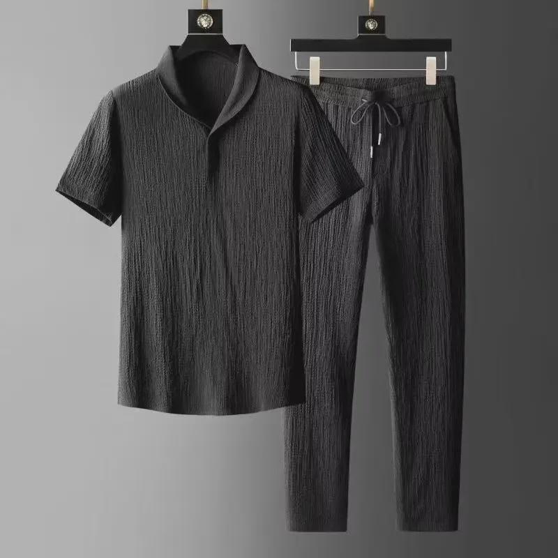 Men's Summer Ultra-Thin Ice Silk Linen Two-Piece Suit: Loose Mid-Sleeve T-Shirt Sportswear