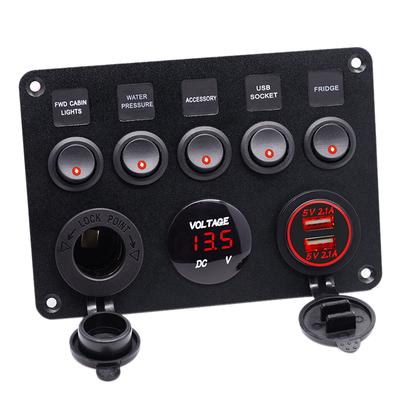 Ciężarówka Podwójny USB 5 Gang Przełącznik sterowania Panel CZERWONY LED Woltomierz 12V 24V Samochód Łódź Marine