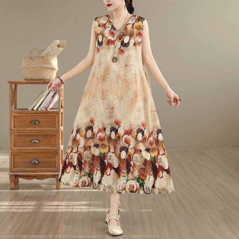 Sleeveless Plus Size Cotton Vintage Floral New In Dresses for Women Casual Loose Long Summer Dress