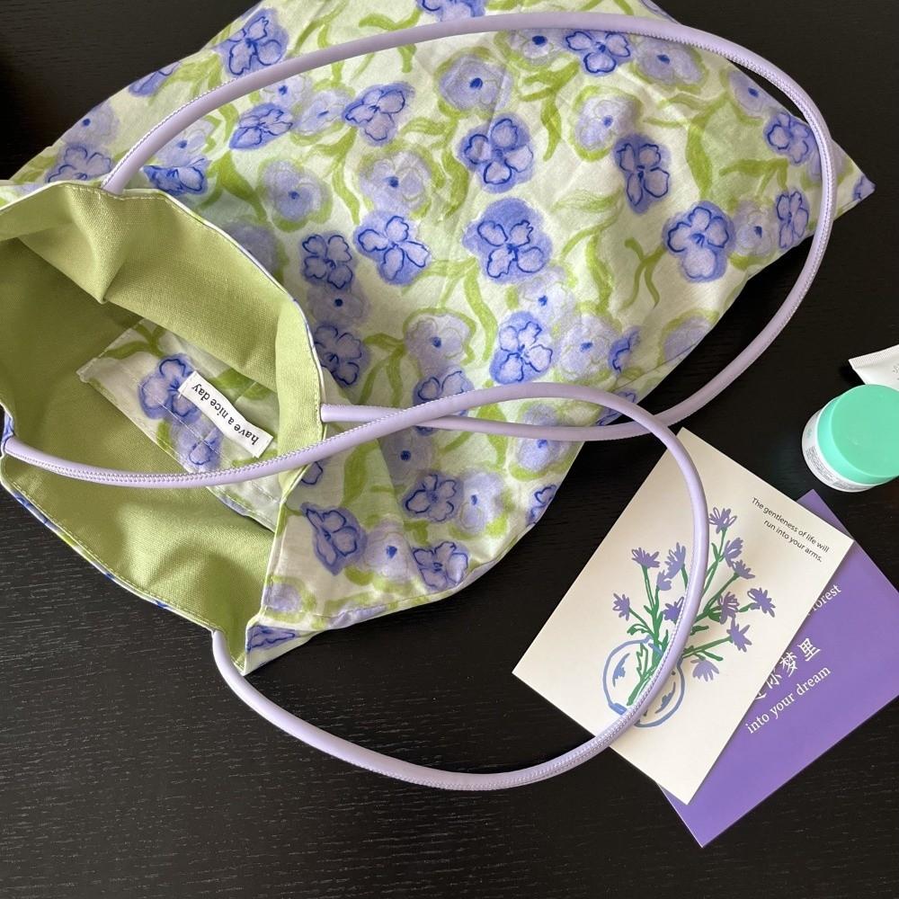 Green Double Sided Tote Bag Lightweight Shopping Handbags Chic Purple Flower Shoulder Bags  Travel