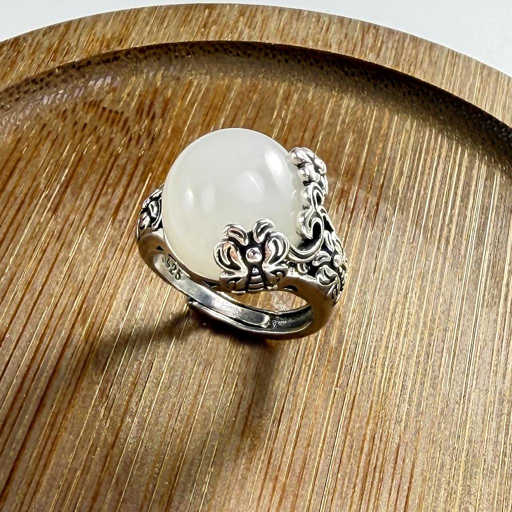 PANJBJ 925 Sterling Silver Hotan Jade Geometric Ring for Women Girl Adjustable Retro Delicate Jewelry Birthday Gift Dropshipping