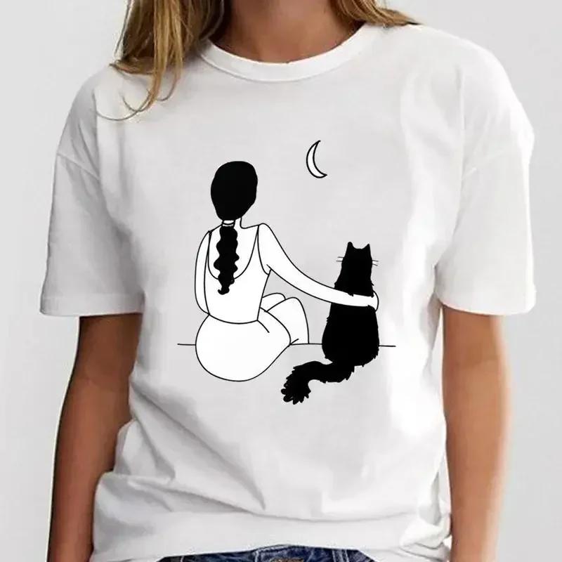 Women Print Graphic Ladies Clothing Fashion Tee Cat Love Trend New Style Female Cartoon Clothes T Shirt Top  Aesthetic Clothes