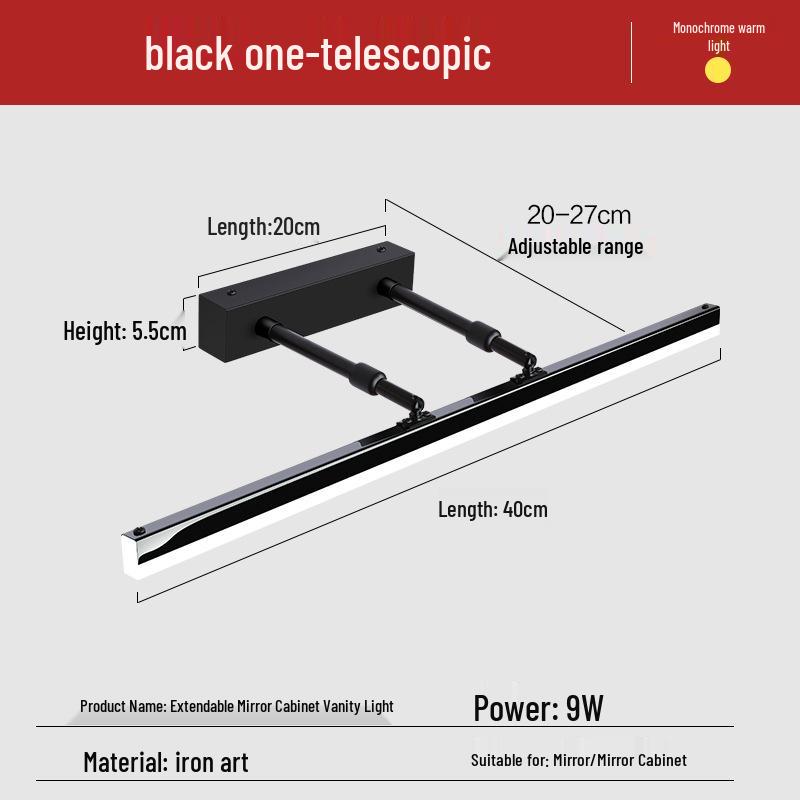 LED Vanity Light: No-Drill, Extendable Mirror Cabinet, Tri-Color, Nordic Minimalist Style.