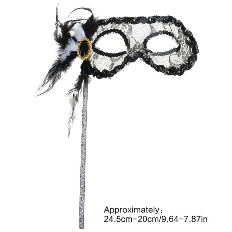 Feather Masquerade Mask with Stick for Women, Lace Eyemask Masquerade Half Face Mask Masquerade Costume Accessories