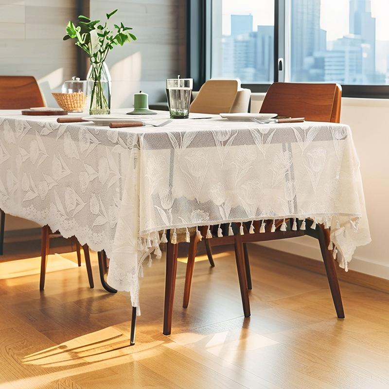 French Retro Lace Tablecloth Cover Towel Rectangular Dining Table Fabric Long Table Square Table Tulip Embroidered Tablecloth