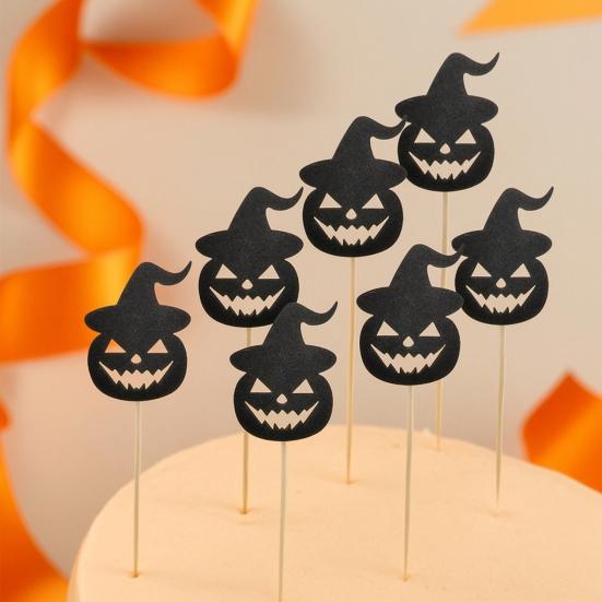 Wooden Skewer Cake Topper 8 Pcs Halloween Cupcake Toppers, Black Glitter Witch Hat Pumpkin Picks for Party Supplies, Birthday Decoration Durable