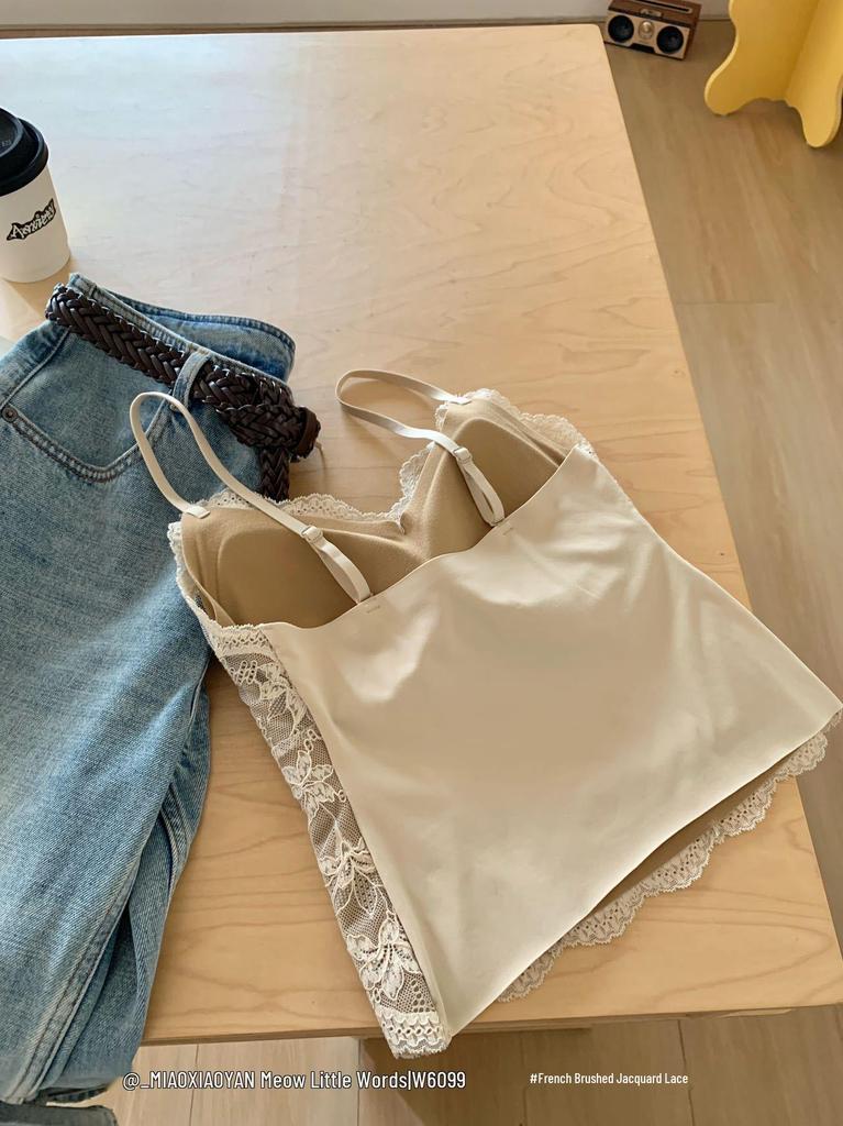 6099 French Style Lace Camisole with Fixed Cup for Women - Reduces Side Breast Bulge