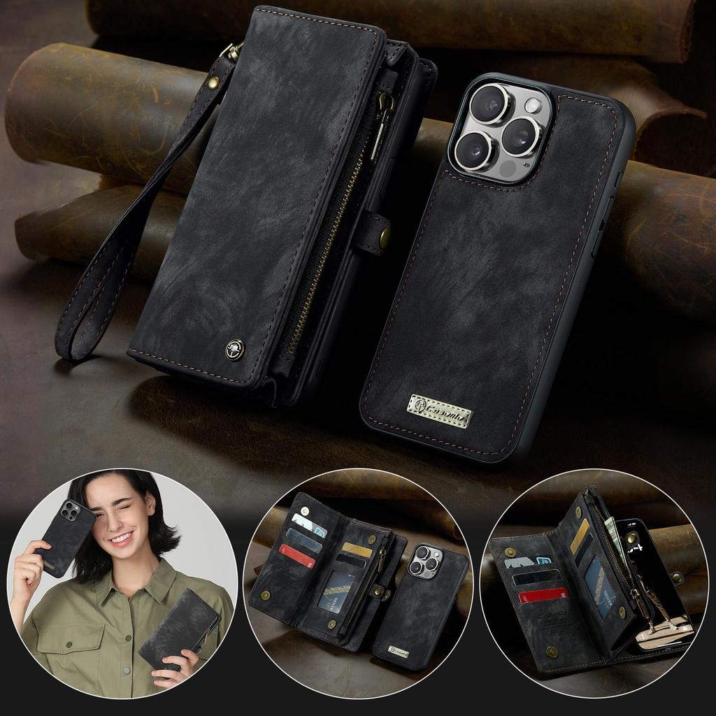 CaseMe-008 For iPhone 16 Pro Max Removable 2-in-1 Zipper Wrise Strap Multi-functional Wallet Case Card Slots Phone Cover