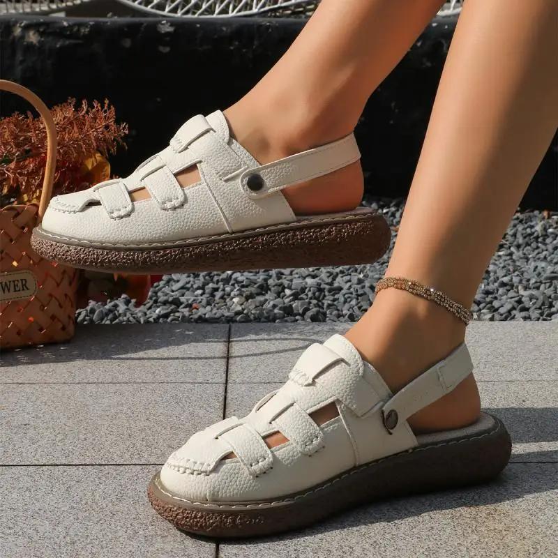 Fashion Vintage Hollow Out Back Strap Gladiator Sandals Classic Round Toe Low Heel Sandals Soft Thick Bottom Non Slip Mom's Shoes