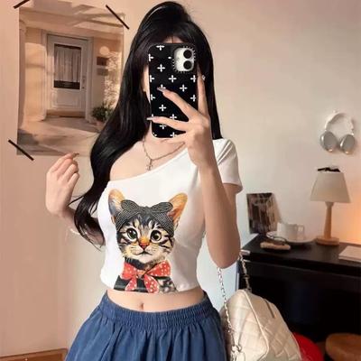 Spicy Girl 3D Cat Print One-Shoulder Slimming All-in-One with Chest Pads