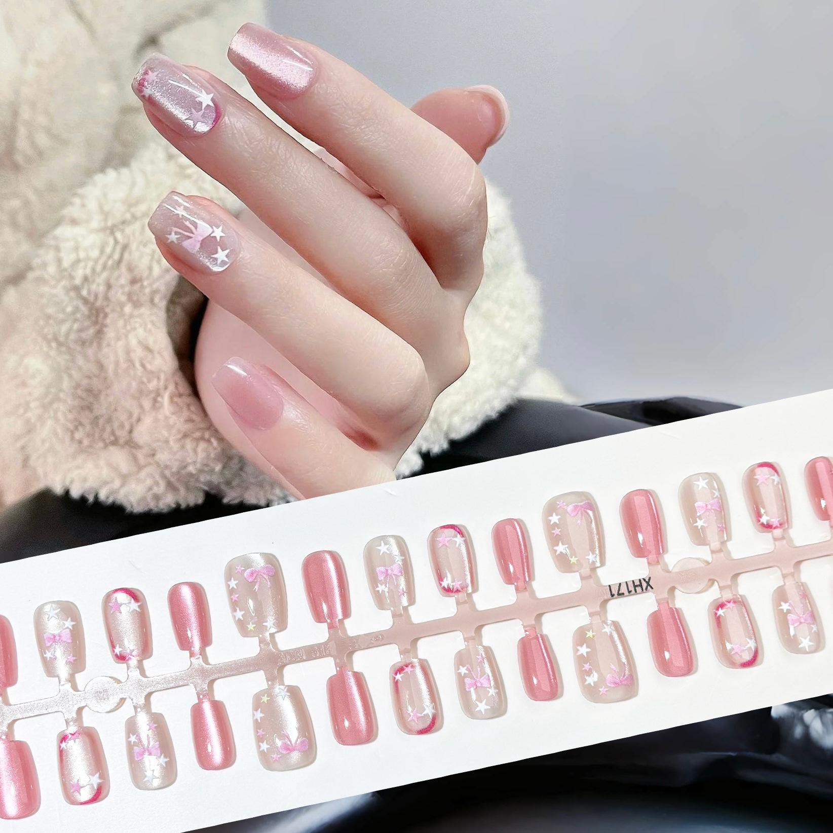 

Princess Sweet Girl Pink Cat Eye Bow Press-On Nails with Stars - Short Manicure