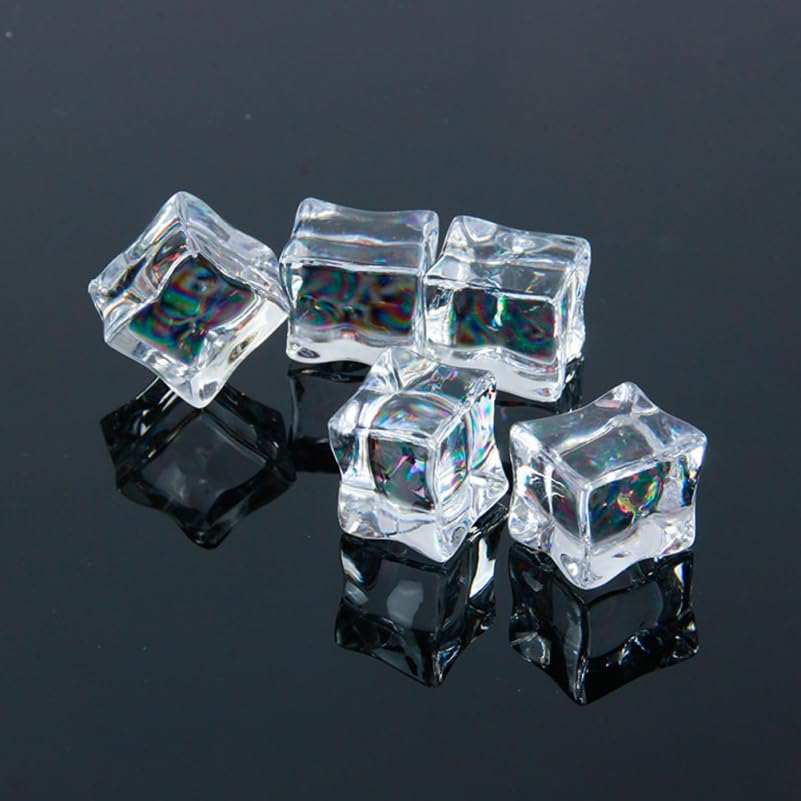 Amosfun 60pcs Transparent Fake Ice Cubes, Artificial Plastic Models, Realistic, 2cm, for Decoration, Photography, Table Decor, Parties, and Weddings