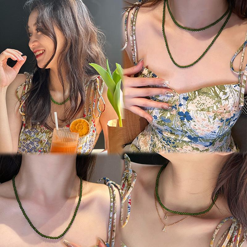 Green Chalcedony Beaded Jasper Necklace High Sense Spring And Summer New Chinese Clavicle Chain Stainless Steel Ingot Buckle Neck Chain Female