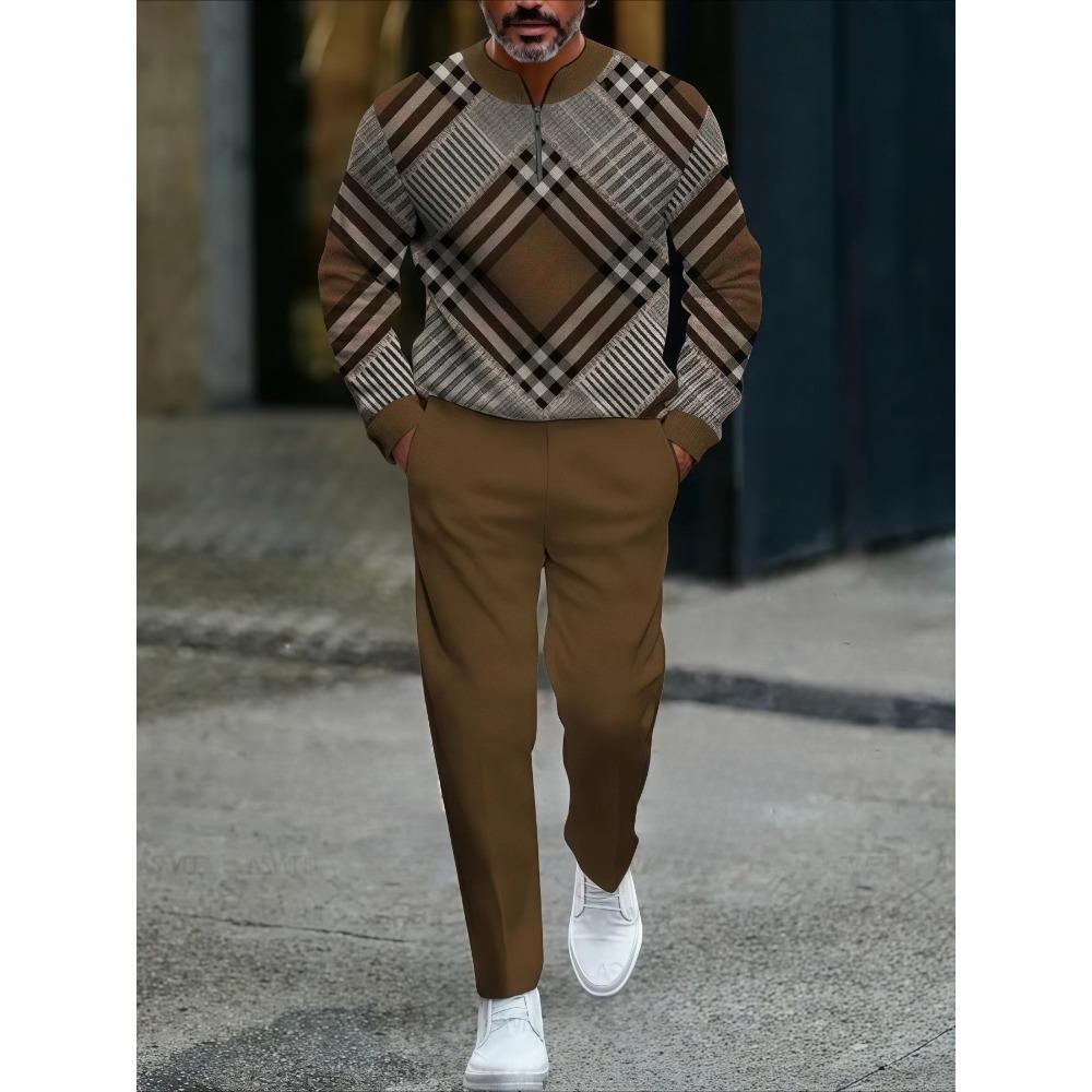 Spring Autumn Fashion Streetwear Men's Long-Sleeved Half-Zipper Stand-Up Collar Casual Sportswear Men's Clothing Two-Piece Set