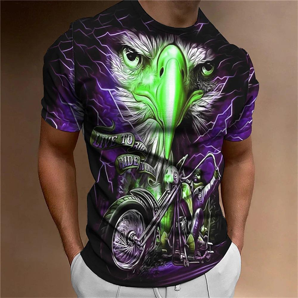 Men's Animal Pattern T-Shirt, Eagle, Motorcycle, 3D Print, Vintage Trendy Loose Large Size Casual Street Short Sleeve Top