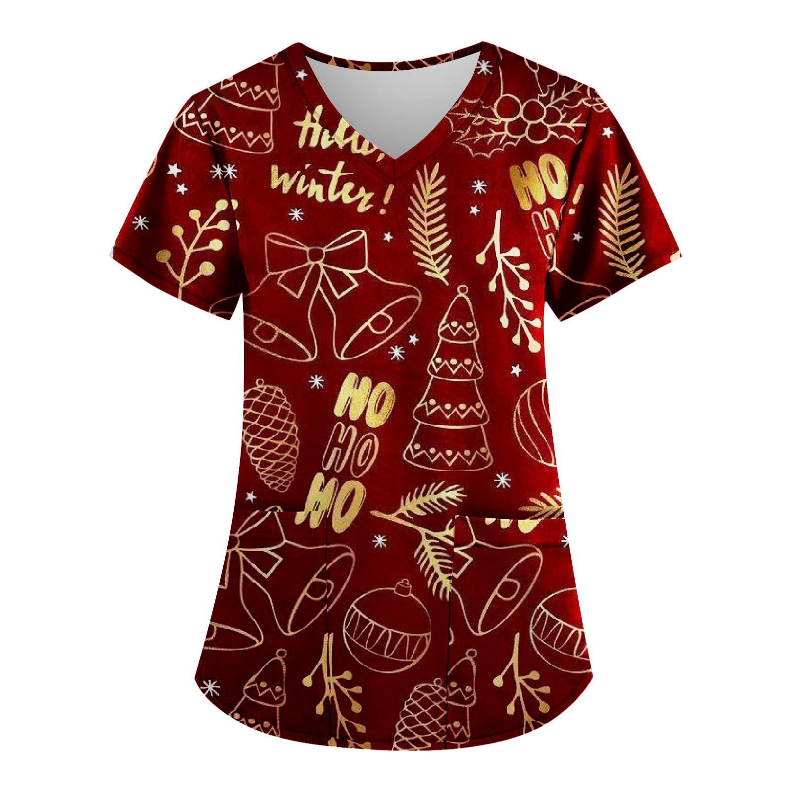 

Плюс размер печатной рабочей формы, топы для женщин, v-образный вырез, рождественский принт, забавные футболки с короткими рукавами, рабочая одежда, футболка с карманами XXXXXL винный