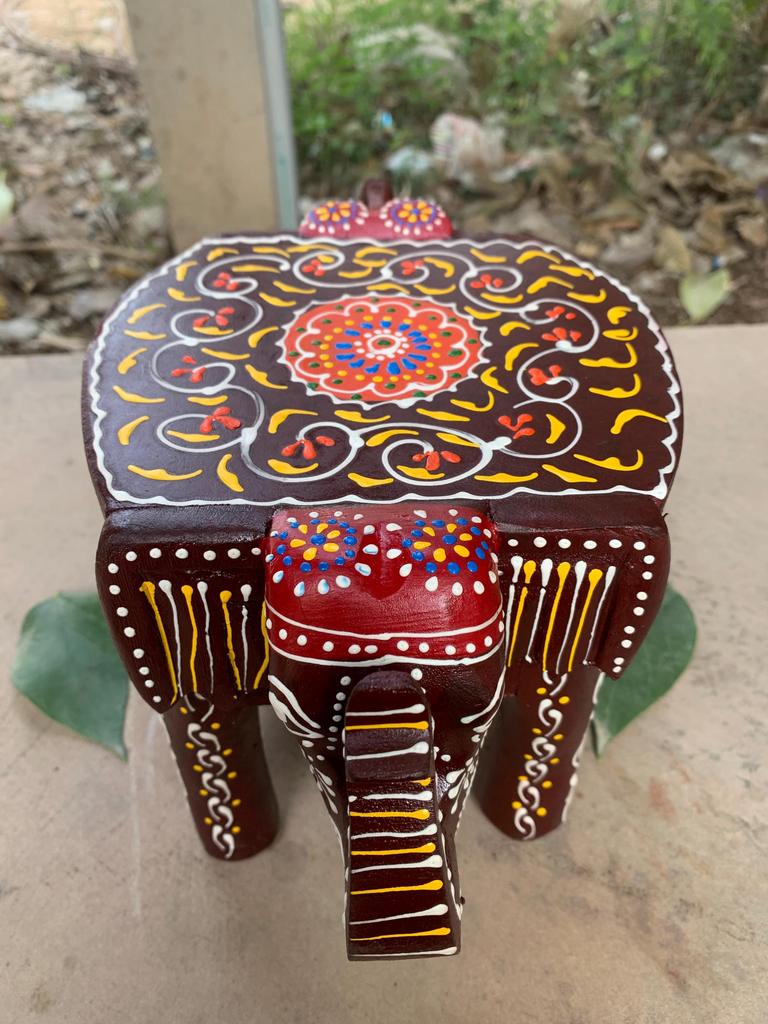 Two-Headed Wooden Elephant Stool Colorful Painted Mini Table