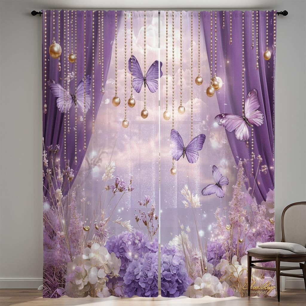 Lichtfilternde Lavendel-Blumen-Schmetterlingsvorhänge Goldene Perlen Schlafzimmer Wohnzimmer Esszimmer Dekor Vorhang-Set aus 2 Stück Polyester mit Stangentasche