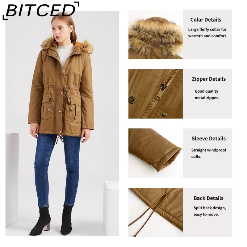 BITCED Fleece-Lined Cotton Coat with Hood and Fur Collar Winter Warmth Outerwear Plus Size Women's Cotton Jacket