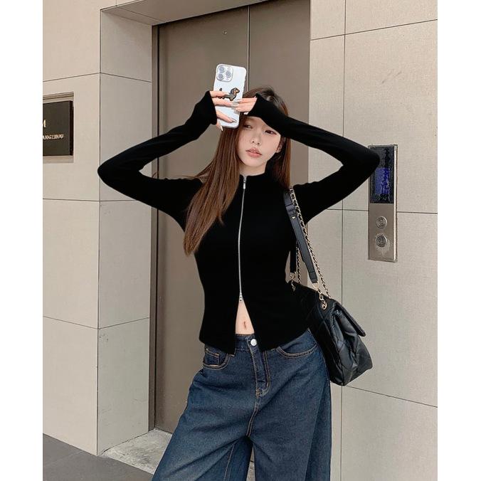 Women's Versatile Knit Cardigan: Double Zipper Slim Fit Ribbed Jacket for Spring/Autumn 2025