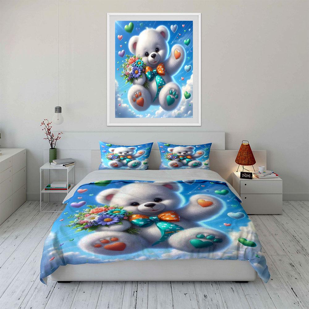 Cute White Bear, Flowers, Sky, Hearts Print Soft Comfortable Duvet Cover Bedding Set Included 1*Duvet Cover 2*Pillowcases