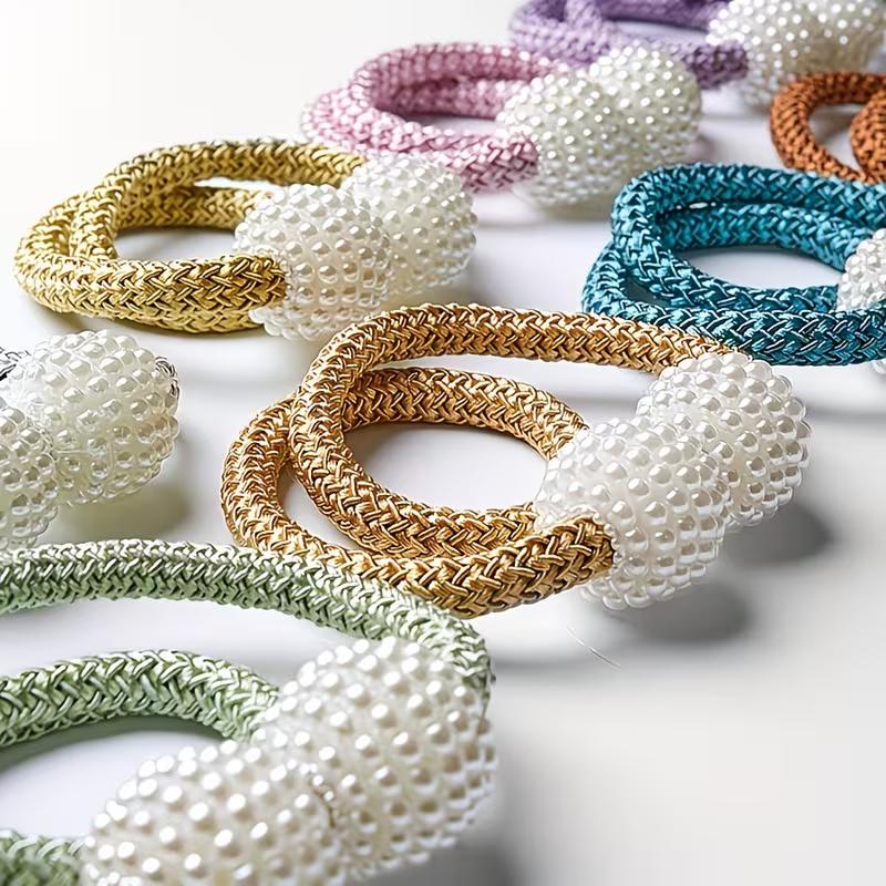 Magnetic Curtain Tiebacks Pearl Ball Elegant Woven Rope Curtain Holdbacks Magnet Drapery Tie Back Clips Curtain Holder for Living Room Bedroom Home