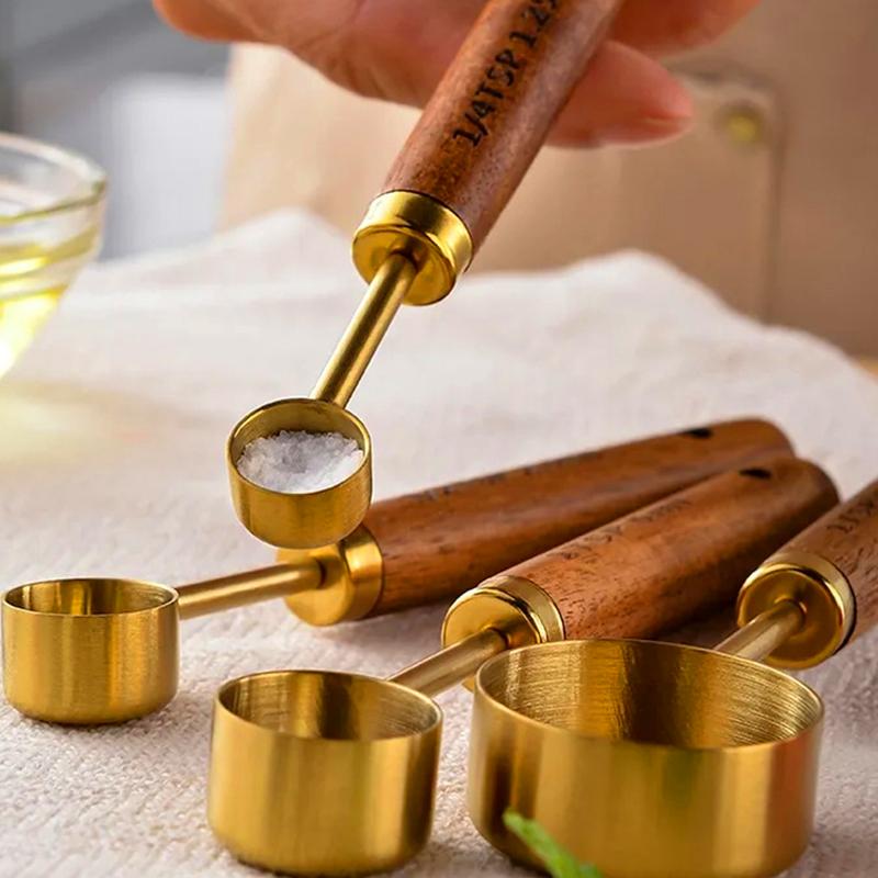 4 Stück/8 Stück Messbecher und Messlöffel mit Holzgriff, Edelstahl, Goldfarbenes Messlöffel- und Messbecher-Set