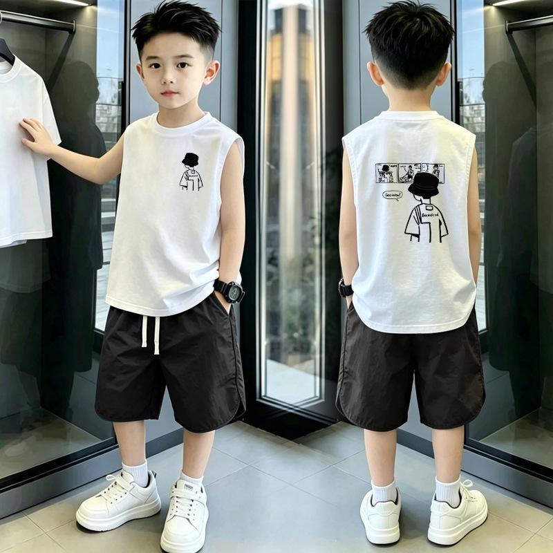 Versatile Korean Style Boys' Summer Vest & T-Shirt Set for Ages 6-15 – Loose, Sleeveless Two-Piece