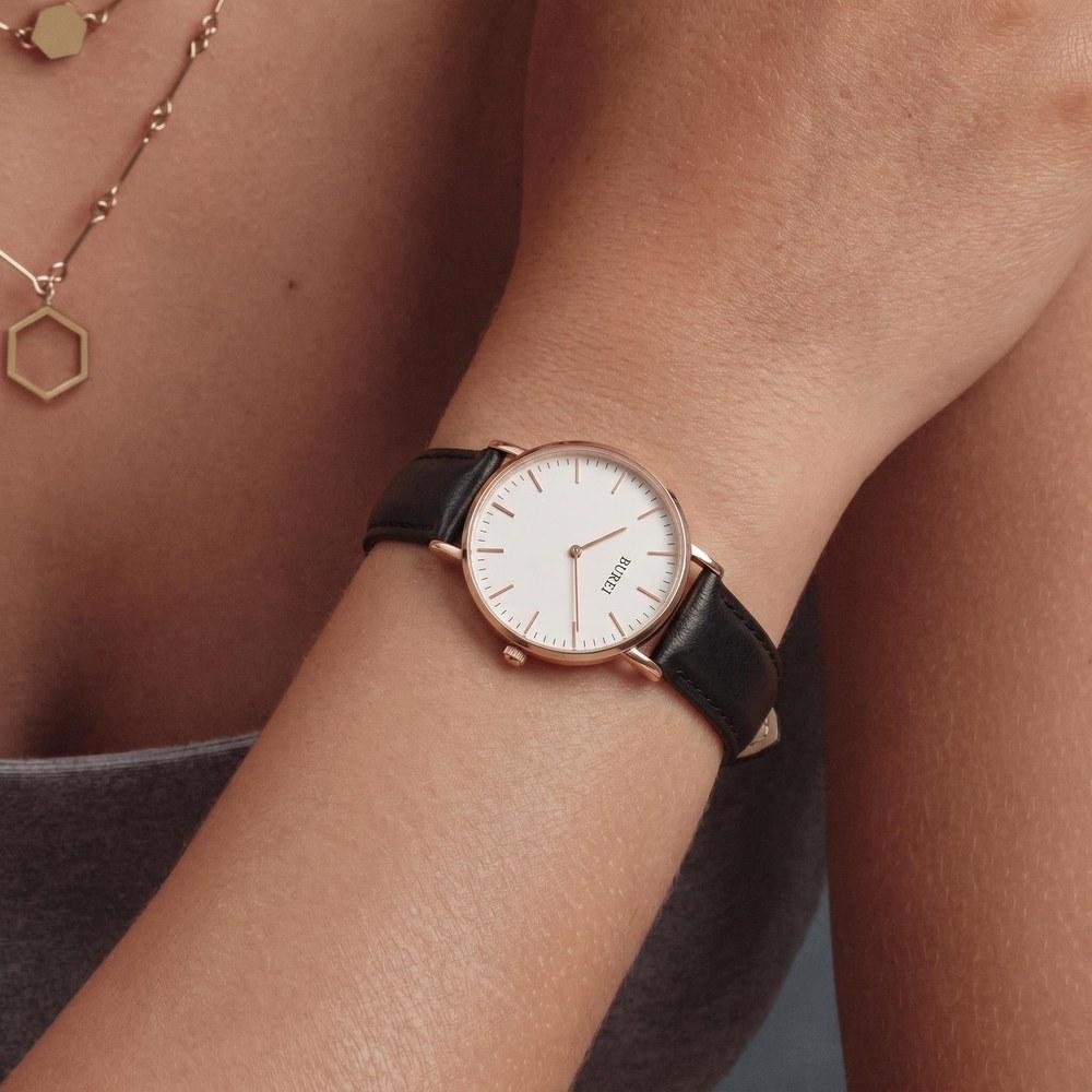 BUREI Ladies Analog Quartz Wristwatch 36mm Waterproof Leather Band Simple Stylish Casual Business Work School Gift Black and White