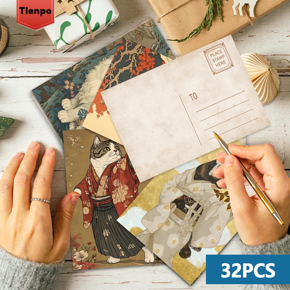 32 Pieces, Japanese-style Cat Postcard Set, Birthday/anniversary Gifts, Collectibles, Suitable for Gifting, and Mailable.