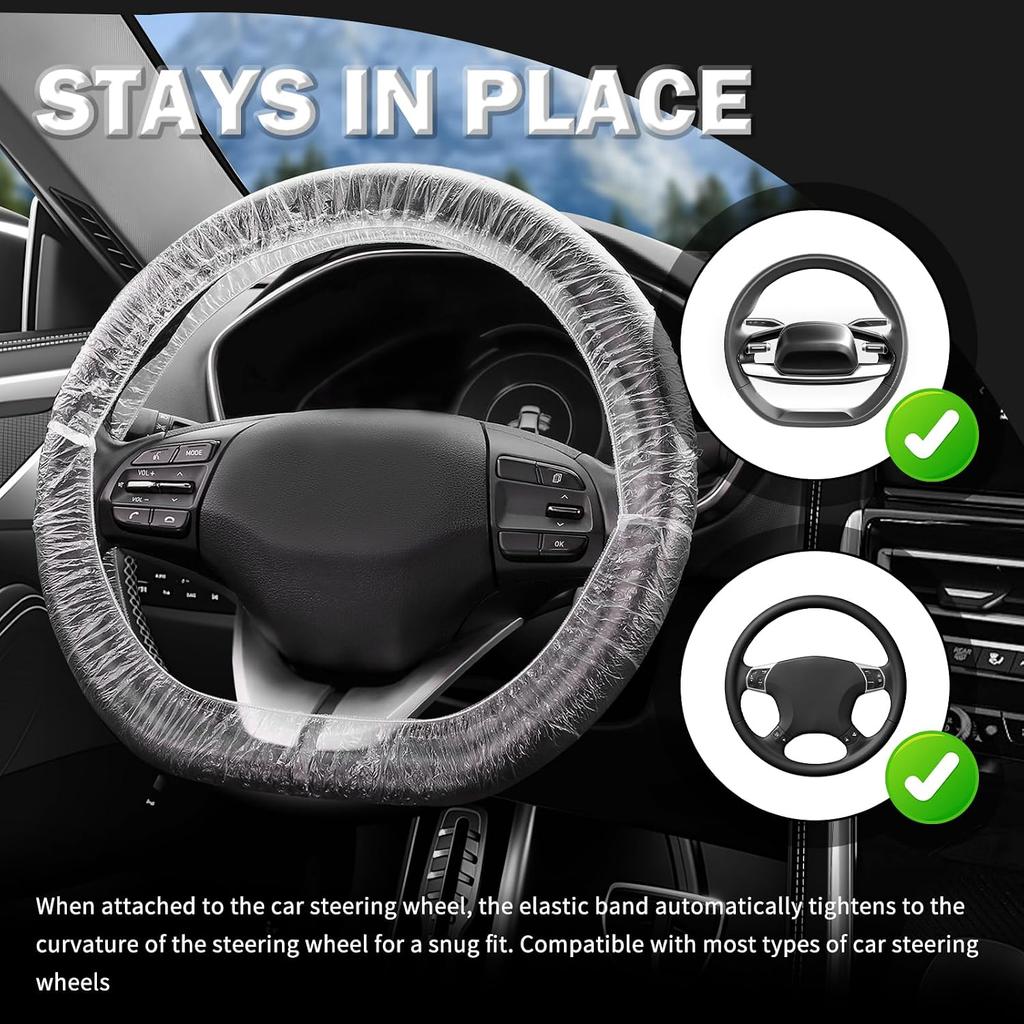 100PCS Car Disposable Steering Wheel Covers,Plastic Steering Wheel Cover Provides Protection with Elastic Band Design,Essential Disposable Car