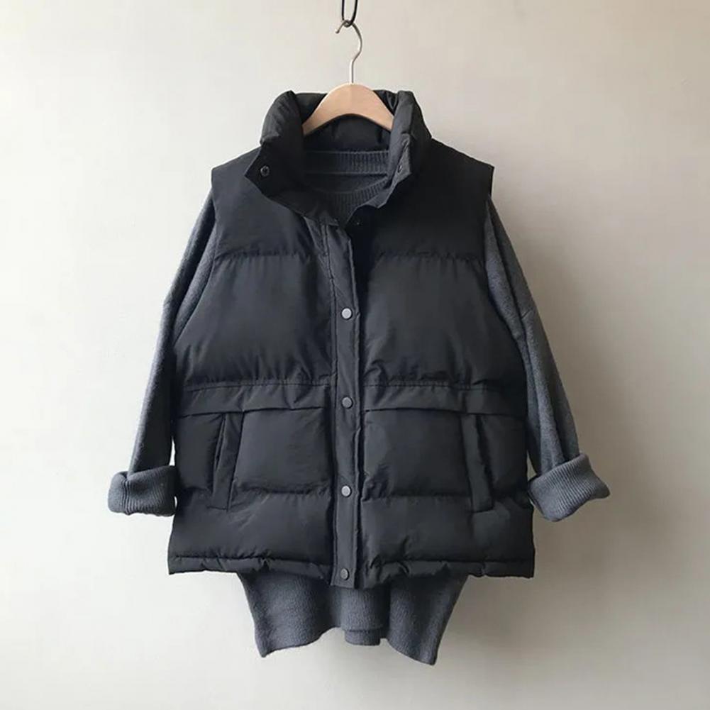Women Winter Vest Coat Stand Collar Solid Color Button Closure Sleeveless Padded Thick Short Type Windproof Warm Lady Waistcoat