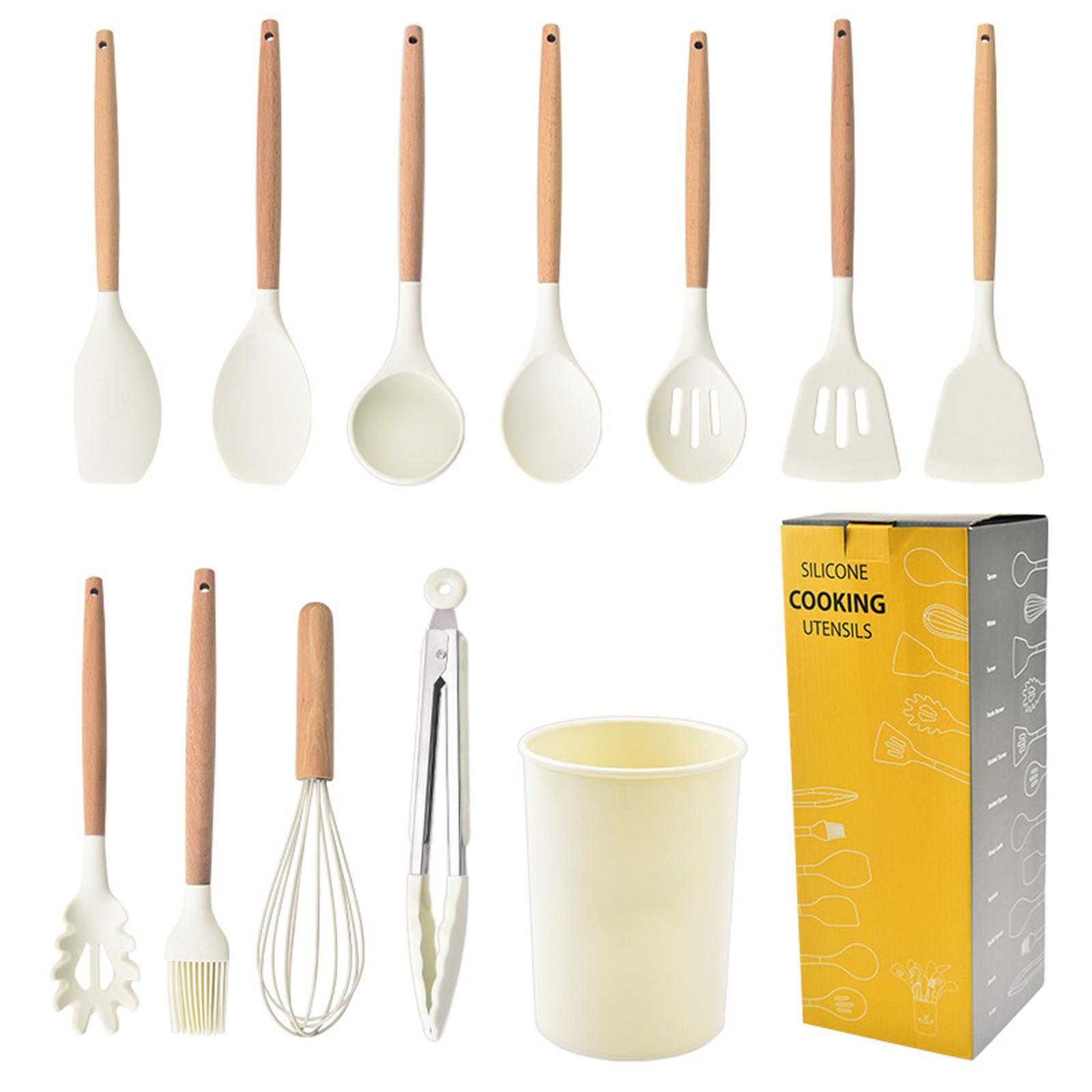 

1050 г Силиконовый набор кухонных принадлежностей 12 шт. Лопатка с деревянной ручкой, Ложка для антипригарной сковороды one size бежевый