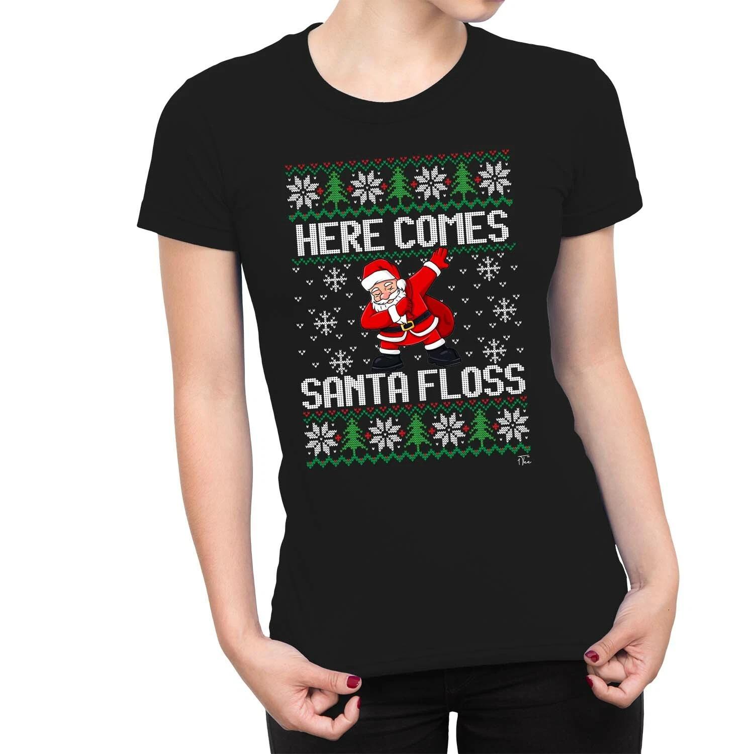 1Tee Womens Here Comes Santa Floss T-Shirt M