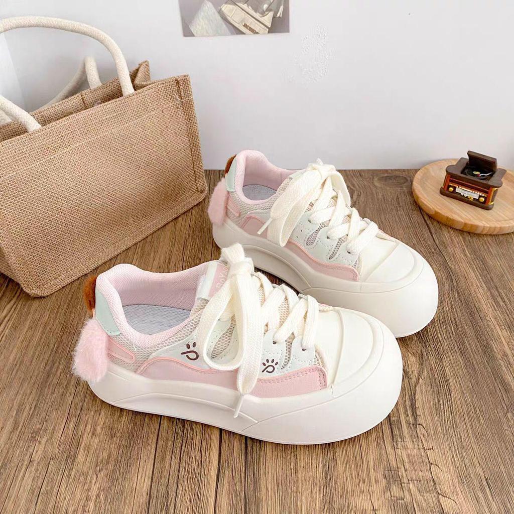 Girls' White Spring 2026 Breathable Thick-Sole Casual Sneakers, Non-Slip & Fashionable
