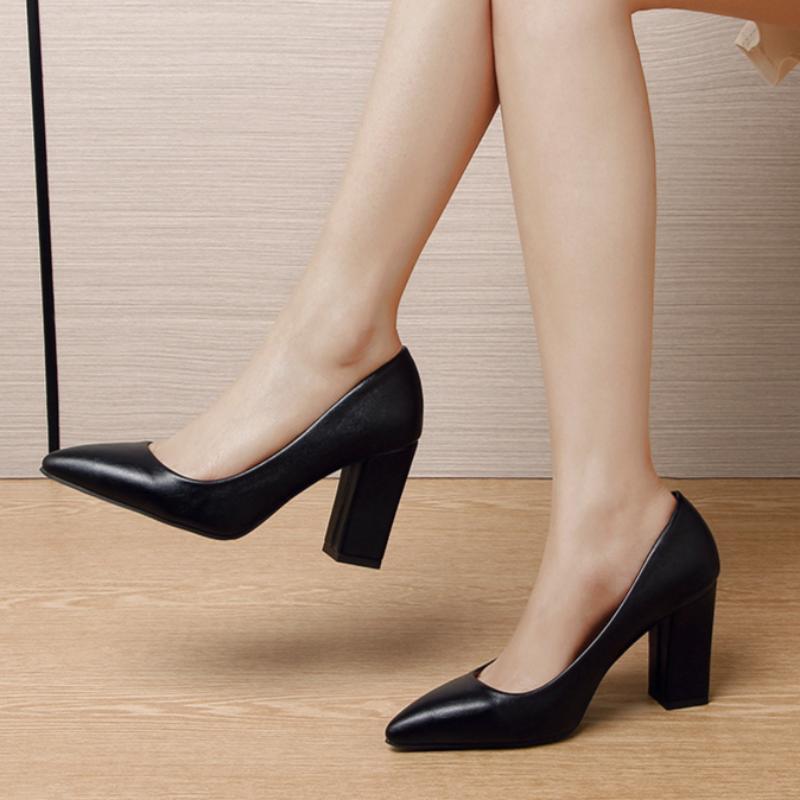 Solid Color High Heels for Women's Work Wear Single Shoes Thick Heels Pointed Toe Shallow Mouth Temperament Workplace Super High Heels 9CM