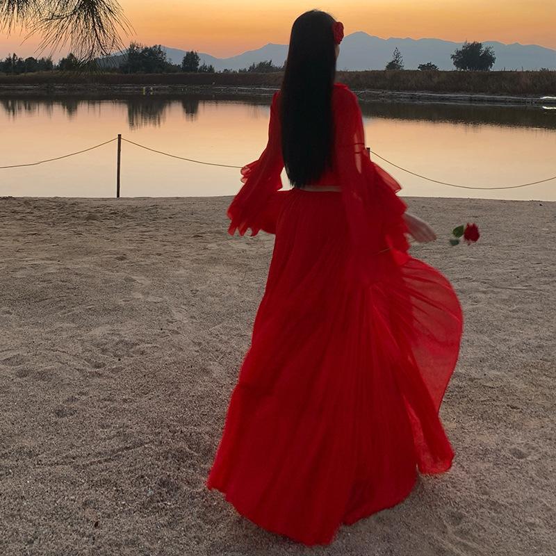 Seaside Vacation Red Ruffle Leaf Edge Horn Sleeve Big Swing Skirt Set, Take a Photo and Create a Long Dress with a Sense of Atmosphere