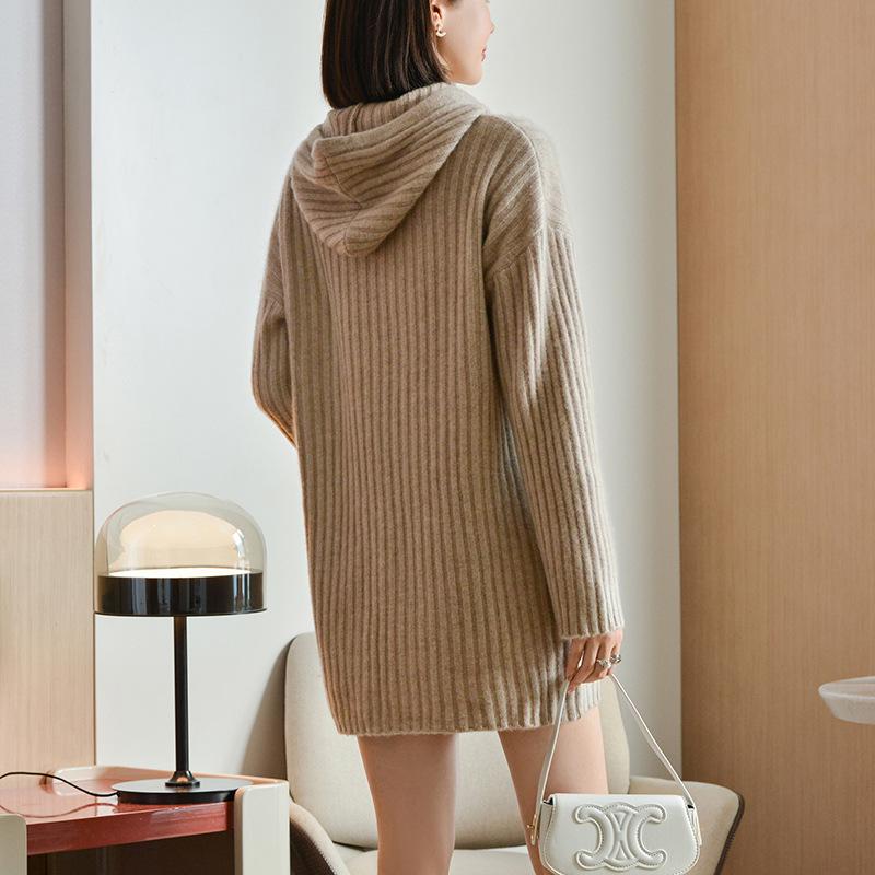 Women's Hooded Mid-Length Wool Sweater Dress, Loose-Fitting Knitted Outerwear, Solid Color, Long-Sleeved