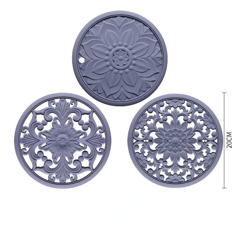 3pcs Round Silicone Placemats Retro Hollow Carved Dining Table Mats Set for Table Dishes and Pot Holders Kitchen Hot Pads