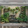 2D Vintage Stone Wall Hanging Potted Greenery Waterfall Courtyard Garden Backdrop