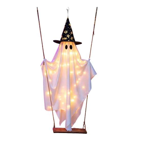 Lighted Spooky Ghost Decor Halloween Swing Hanging Decoration, Witch Hat Ornament with LED Battery Powered String Light, Remote Control Light-up