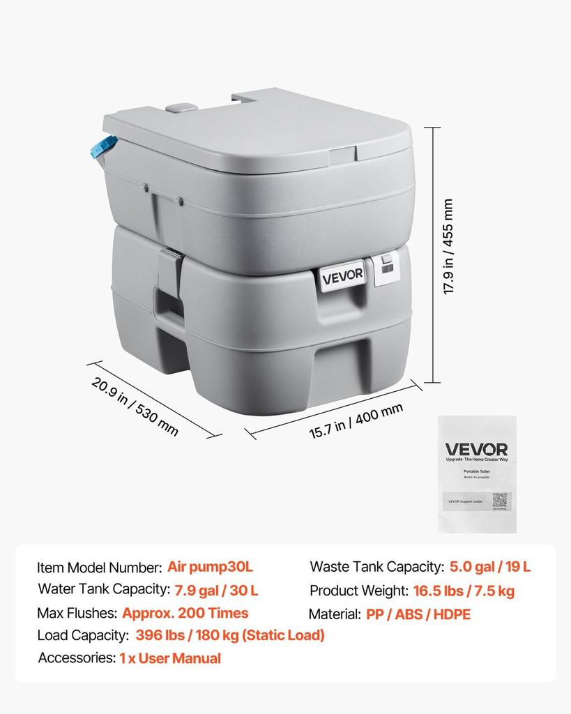 Portable Toilet, 30L Detachable Waste Tank, 200 Flushes, Camping Toilet for Adults, Outdoor Travel Potty with Level Indicator, Suitable for RV Travel,