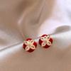 Red Bow Coin Purse Earrings: Silver Needle Retro Snake Lock Studs, New Year High-End Ear Jewelry.
