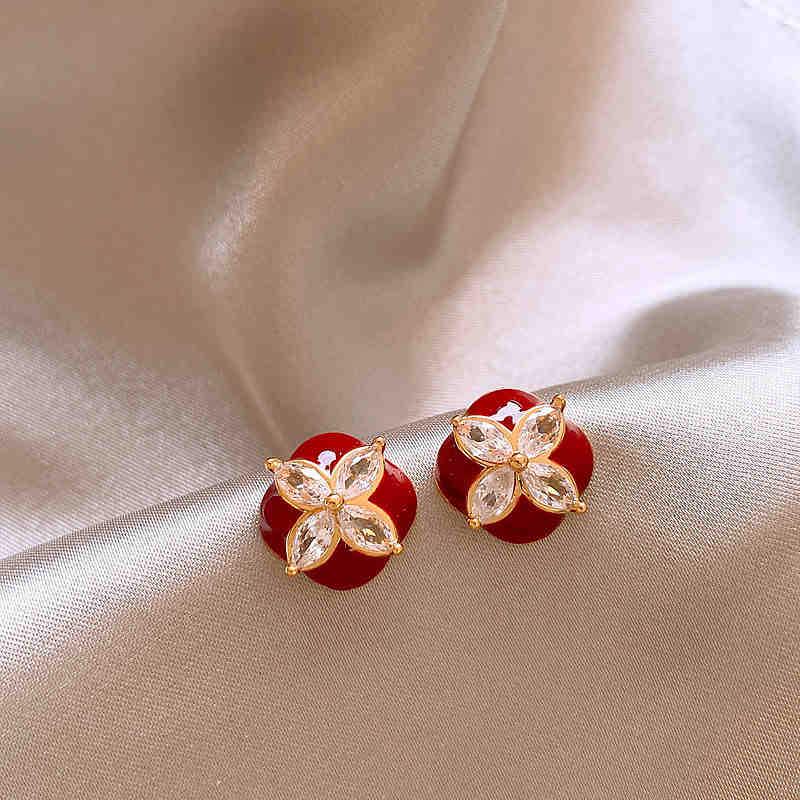Red Bow Coin Purse Earrings: Silver Needle Retro Snake Lock Studs, New Year High-End Ear Jewelry.