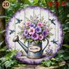 Vintage Metal Round Wall Sign Watering Can Floral Hummingbird Pattern Aluminum Art for Front Door Garden